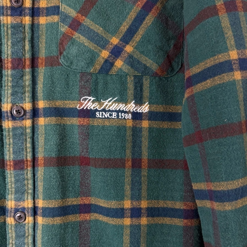 The Hundreds Men's 2XL Green Plaid Button Down Flannel Shirt Embroidered Cotton - Picture 3 of 9